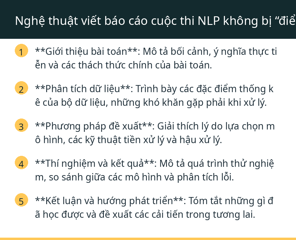 Nghệ thuật viết báo cáo cuộc thi NLP không bị “điểm liệt”